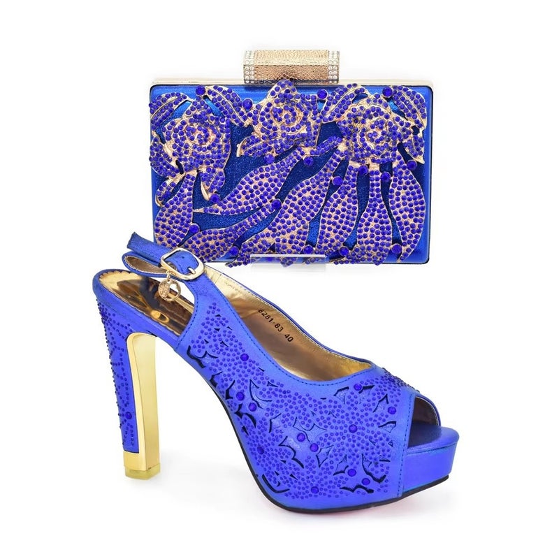 حفل مع صنادل مرنة ذات كعب عالٍ ورأس دائري على شكل فم سمكة مع حقيبة يد مرصعة بالألماس - Image 4